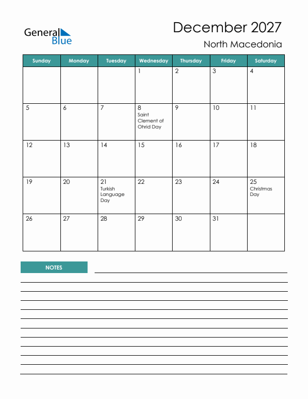 Calendar with Notes Printable - Sunday Start