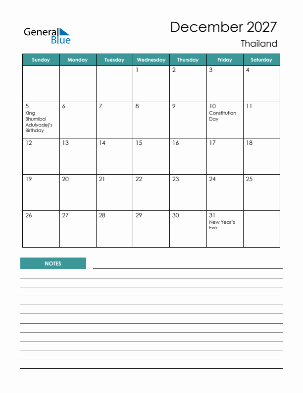 Calendar with Notes Printable - Sunday Start