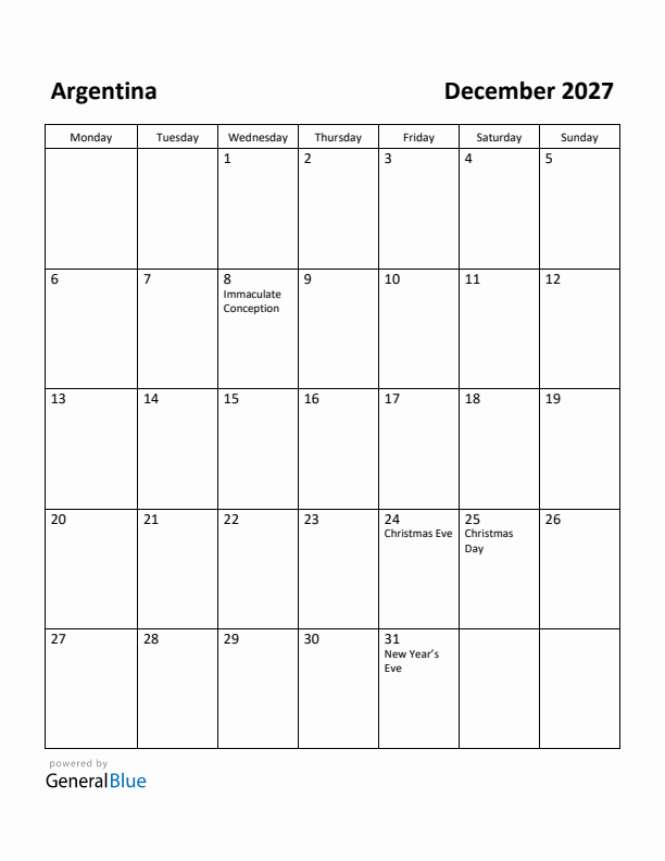December 2027 Calendar with Argentina Holidays