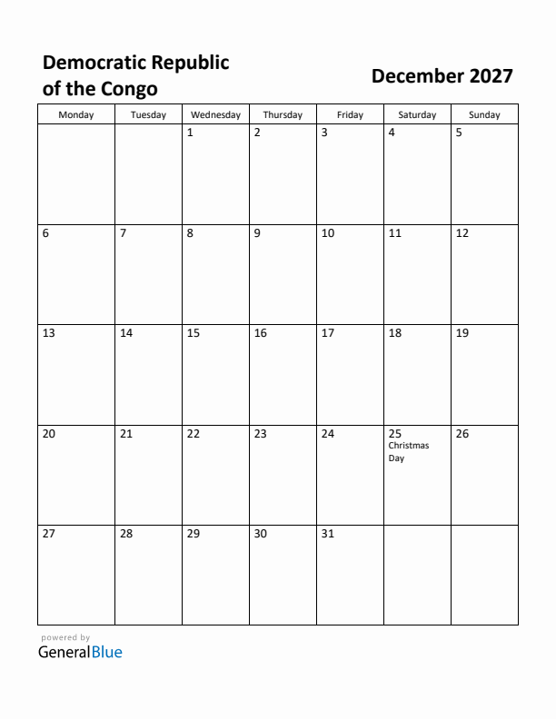 December 2027 Calendar with Democratic Republic of the Congo Holidays