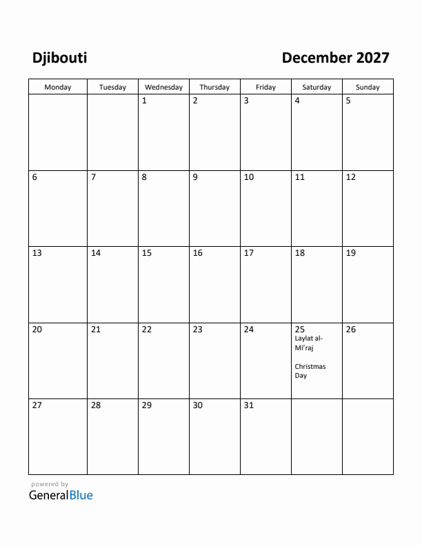 December 2027 Calendar with Djibouti Holidays