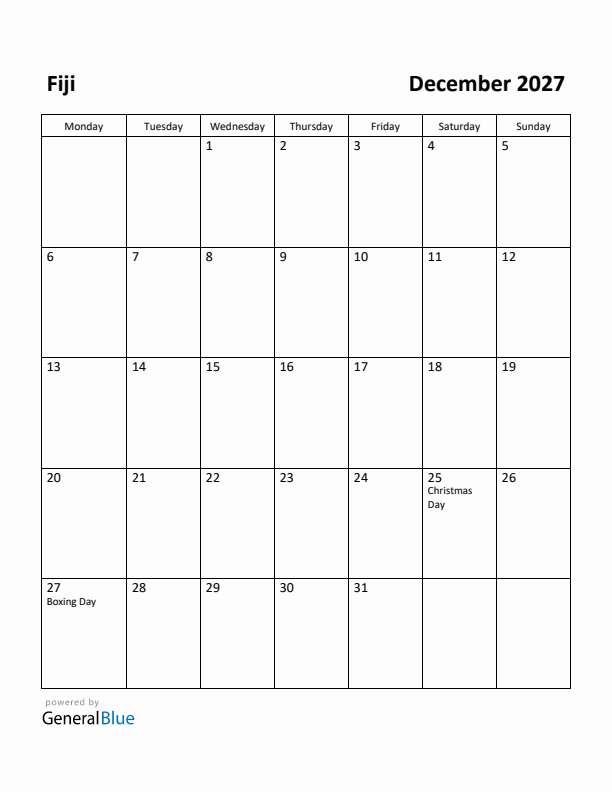 December 2027 Calendar with Fiji Holidays