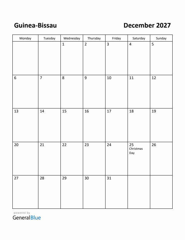 December 2027 Calendar with Guinea-Bissau Holidays