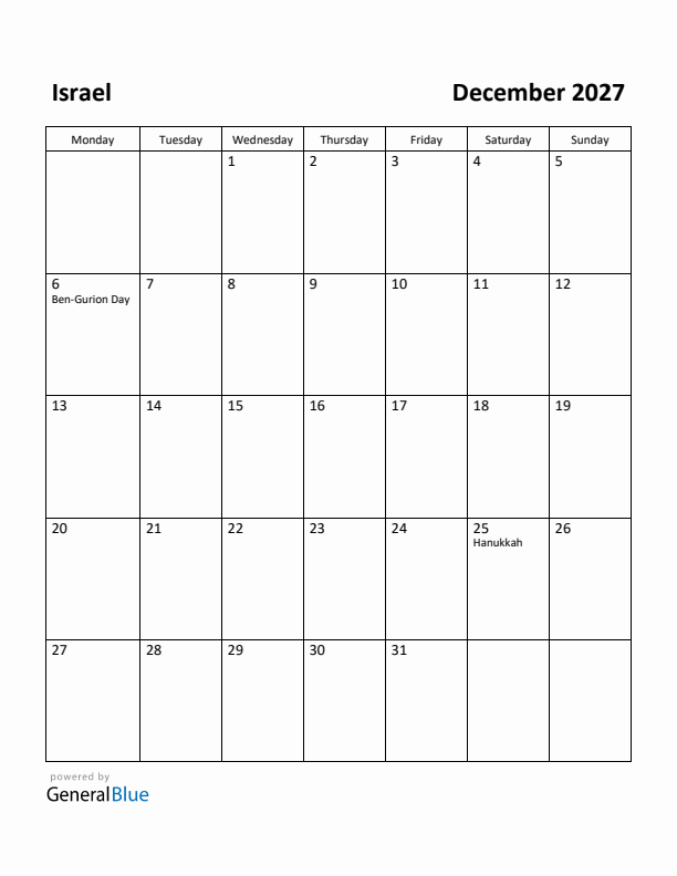 December 2027 Calendar with Israel Holidays