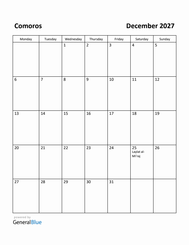 December 2027 Calendar with Comoros Holidays