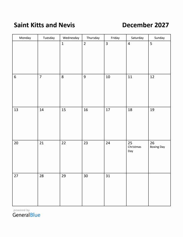 December 2027 Calendar with Saint Kitts and Nevis Holidays