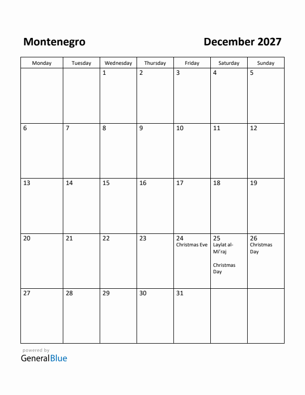 December 2027 Calendar with Montenegro Holidays