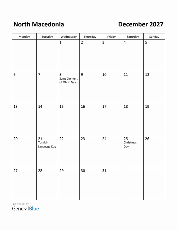 December 2027 Calendar with North Macedonia Holidays
