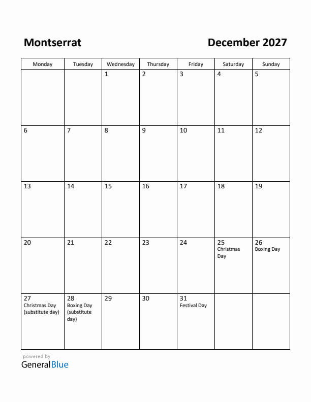 December 2027 Calendar with Montserrat Holidays