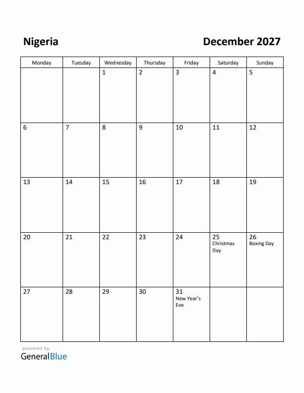 December 2027 Calendar with Nigeria Holidays