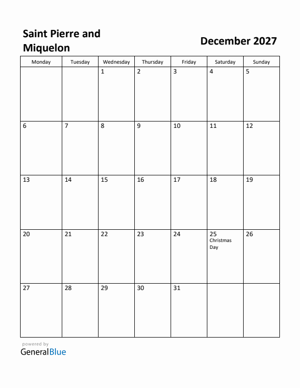December 2027 Calendar with Saint Pierre and Miquelon Holidays