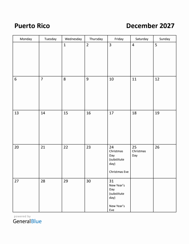 December 2027 Calendar with Puerto Rico Holidays