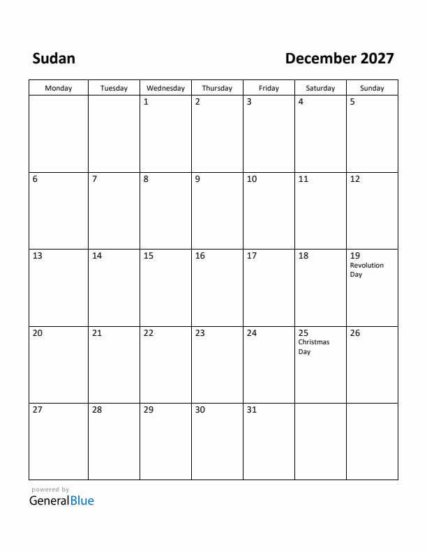 December 2027 Calendar with Sudan Holidays