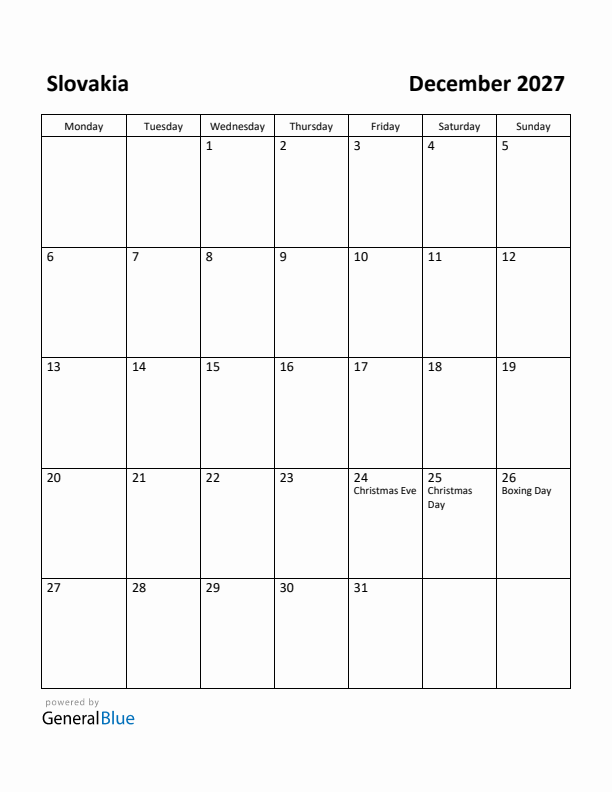 December 2027 Calendar with Slovakia Holidays