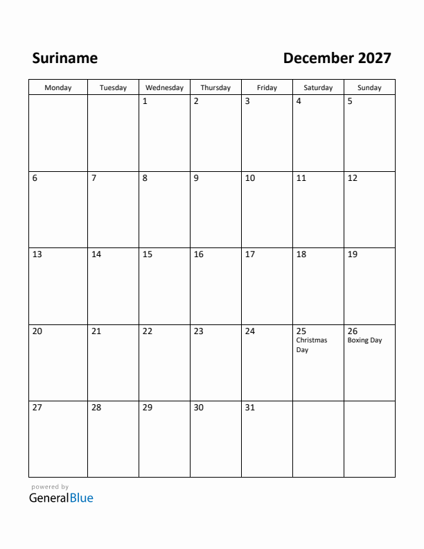 December 2027 Calendar with Suriname Holidays