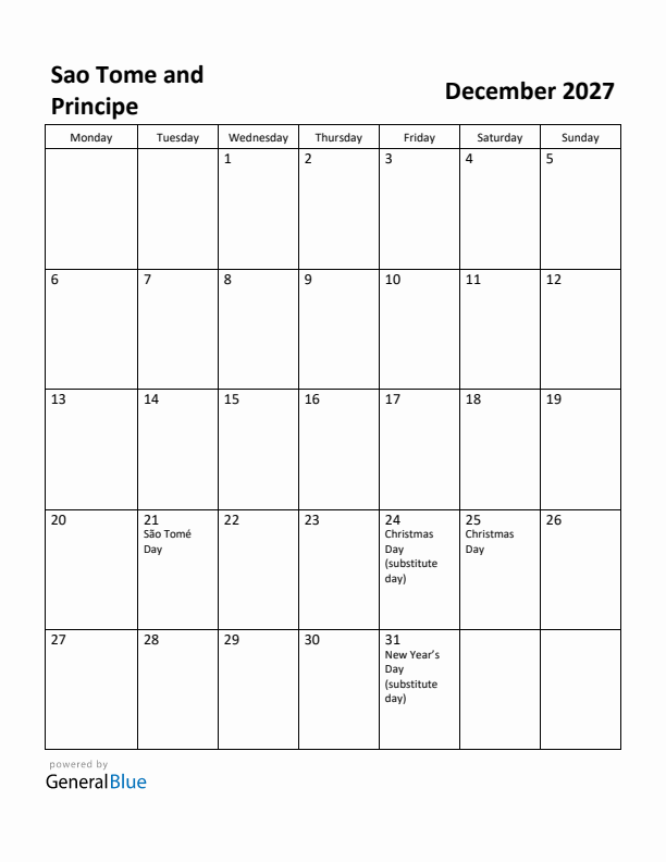 December 2027 Calendar with Sao Tome and Principe Holidays