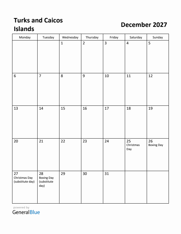 December 2027 Calendar with Turks and Caicos Islands Holidays