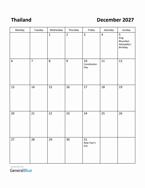 December 2027 Calendar with Thailand Holidays
