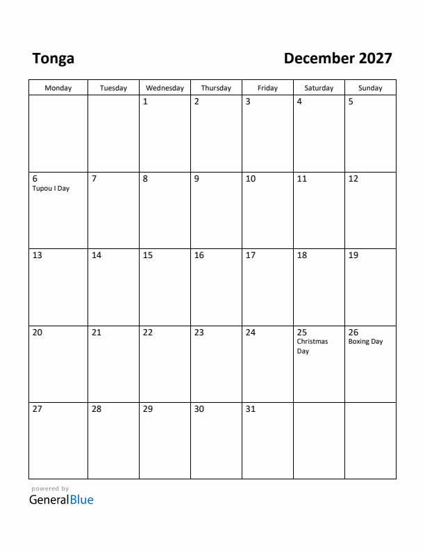 December 2027 Calendar with Tonga Holidays