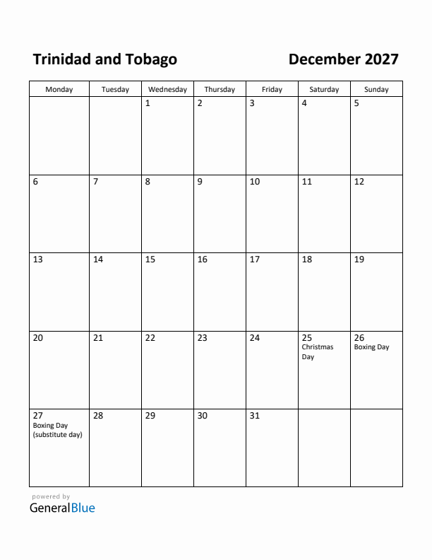 December 2027 Calendar with Trinidad and Tobago Holidays