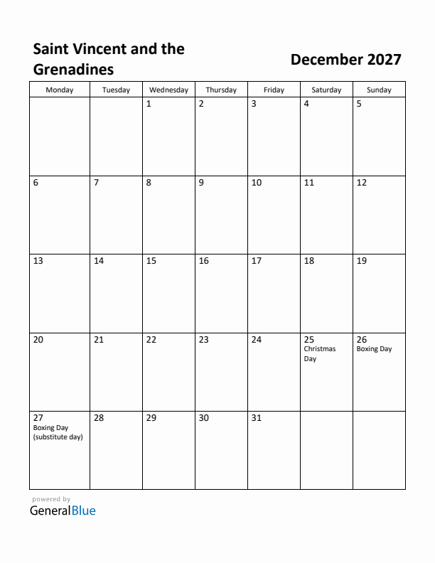 December 2027 Calendar with Saint Vincent and the Grenadines Holidays