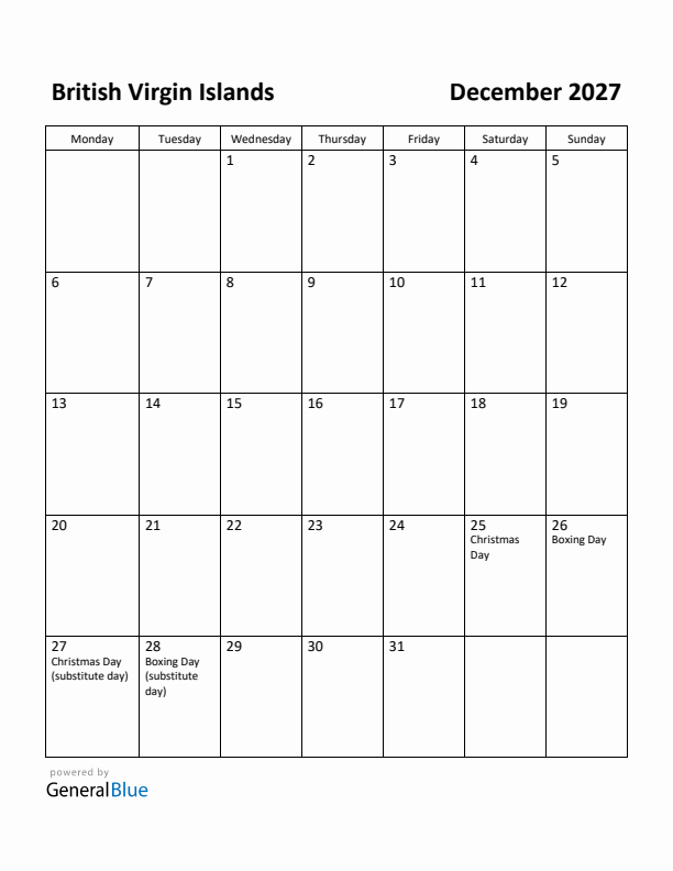 December 2027 Calendar with British Virgin Islands Holidays
