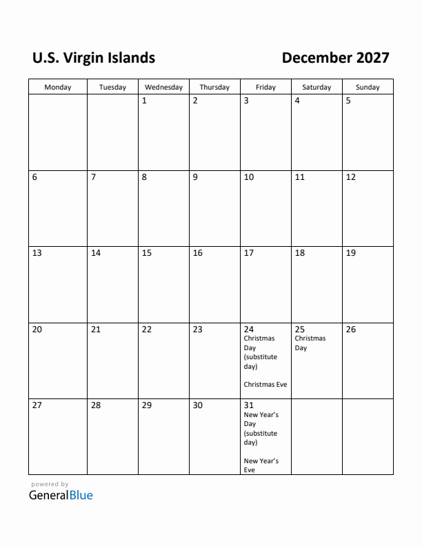 December 2027 Calendar with U.S. Virgin Islands Holidays