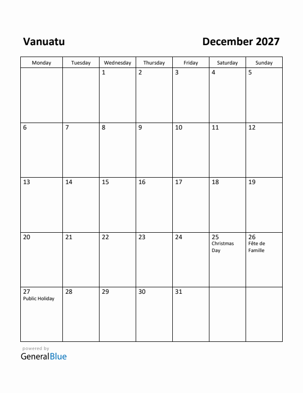 December 2027 Calendar with Vanuatu Holidays