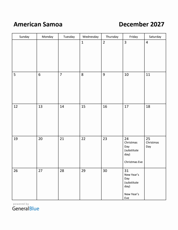 December 2027 Calendar with American Samoa Holidays