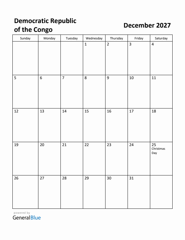 December 2027 Calendar with Democratic Republic of the Congo Holidays