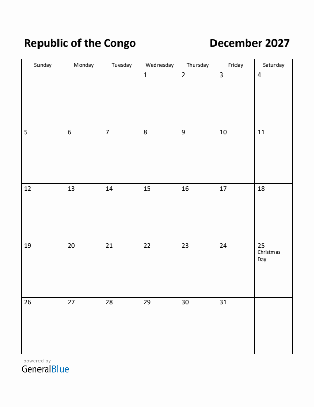 December 2027 Calendar with Republic of the Congo Holidays