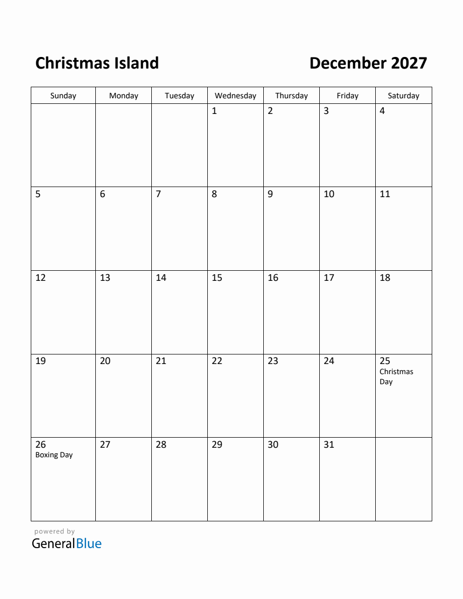 Free Printable December 2027 Calendar for Christmas Island