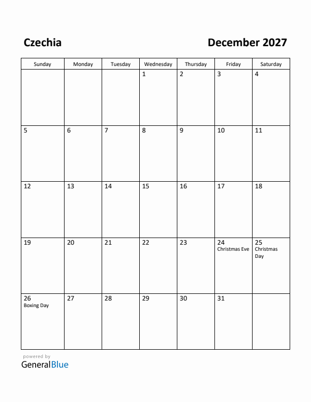 December 2027 Calendar with Czechia Holidays