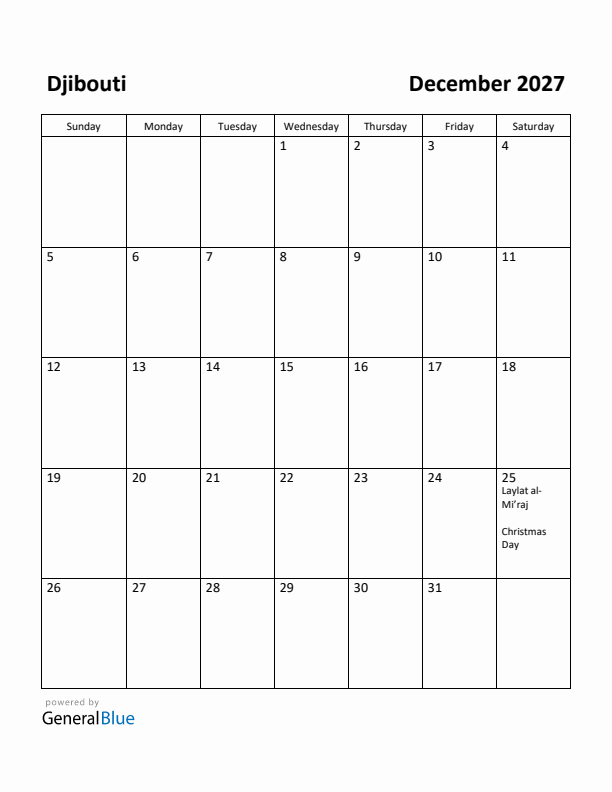 December 2027 Calendar with Djibouti Holidays