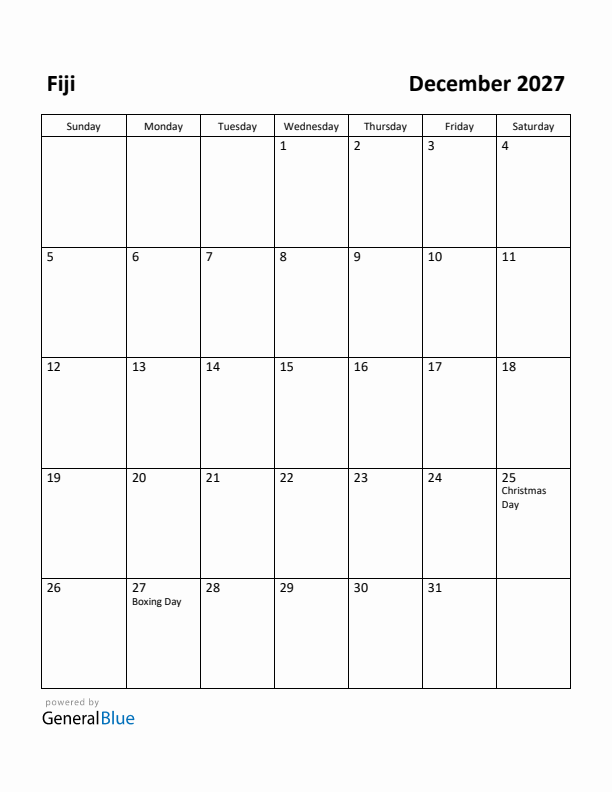 December 2027 Calendar with Fiji Holidays