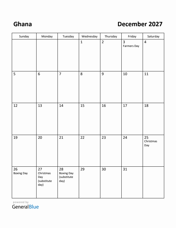 December 2027 Calendar with Ghana Holidays