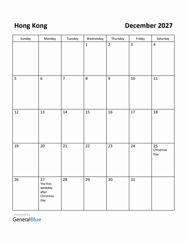 December 2027 Calendar with Hong Kong Holidays