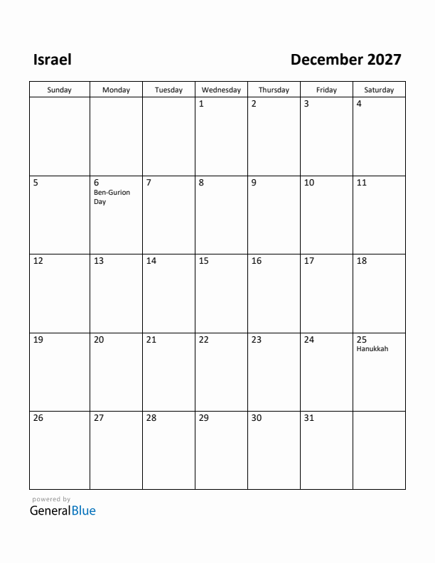 December 2027 Calendar with Israel Holidays