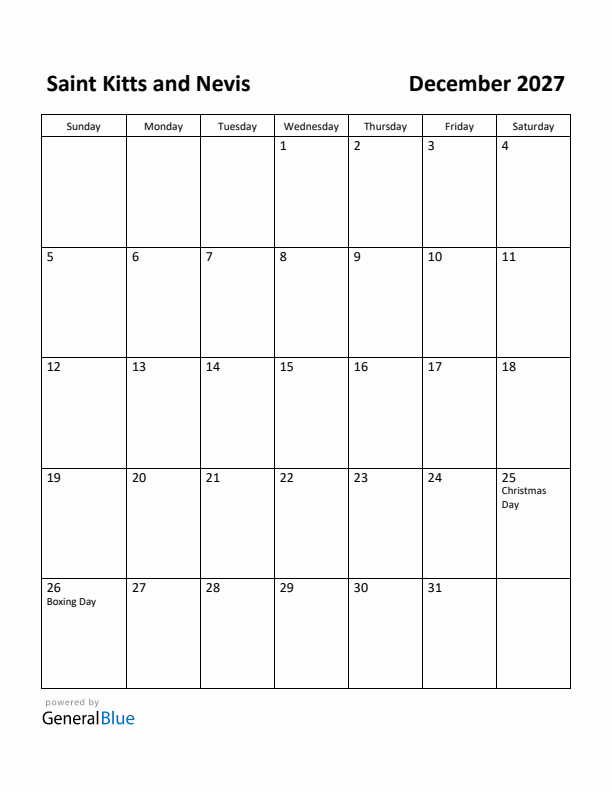 December 2027 Calendar with Saint Kitts and Nevis Holidays