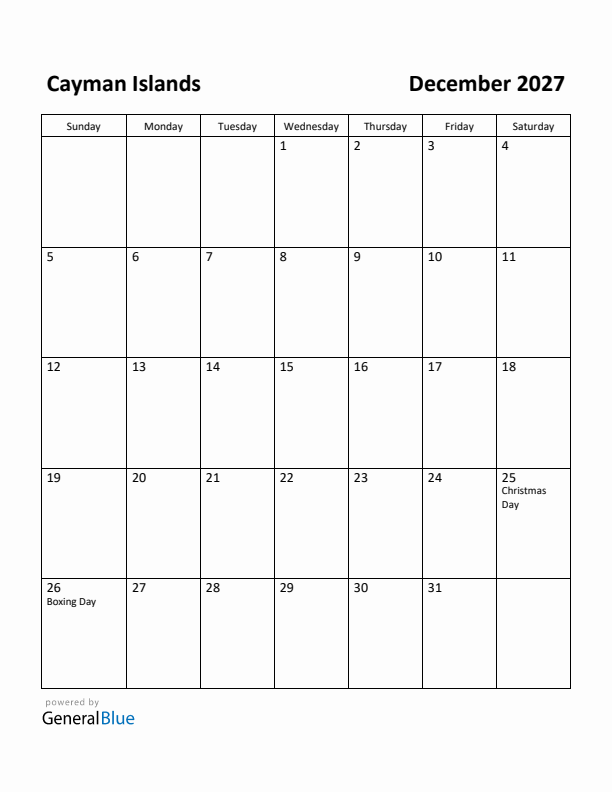 December 2027 Calendar with Cayman Islands Holidays