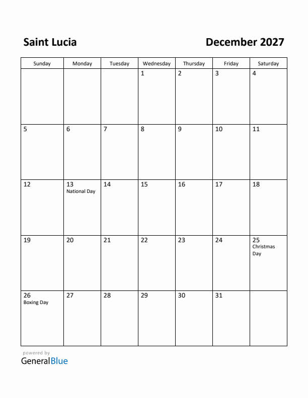 December 2027 Calendar with Saint Lucia Holidays
