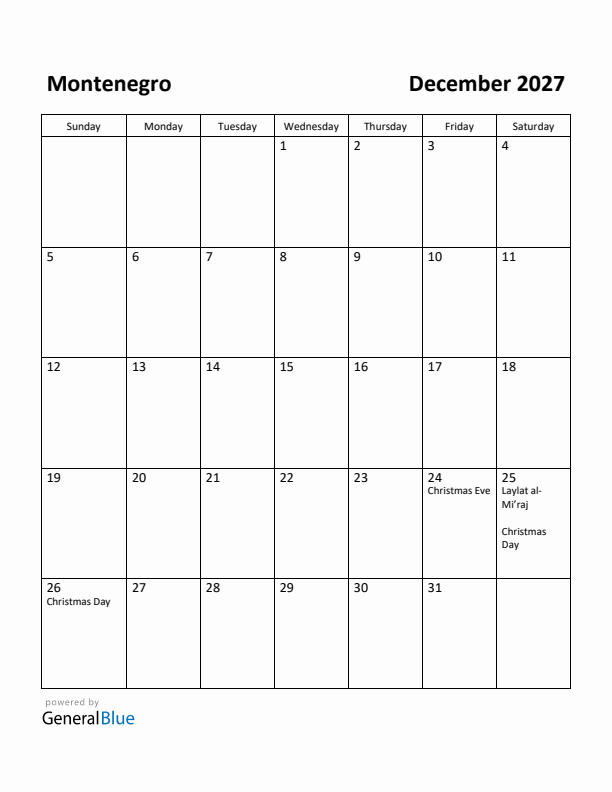 December 2027 Calendar with Montenegro Holidays