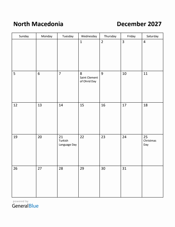 December 2027 Calendar with North Macedonia Holidays