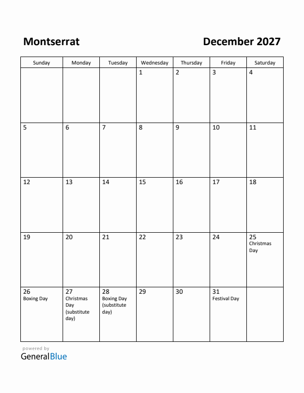 December 2027 Calendar with Montserrat Holidays