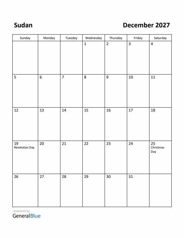 December 2027 Calendar with Sudan Holidays