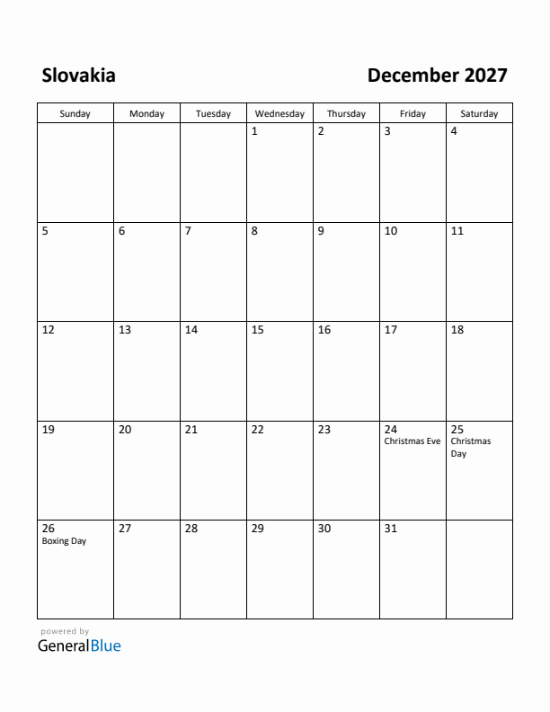 December 2027 Calendar with Slovakia Holidays