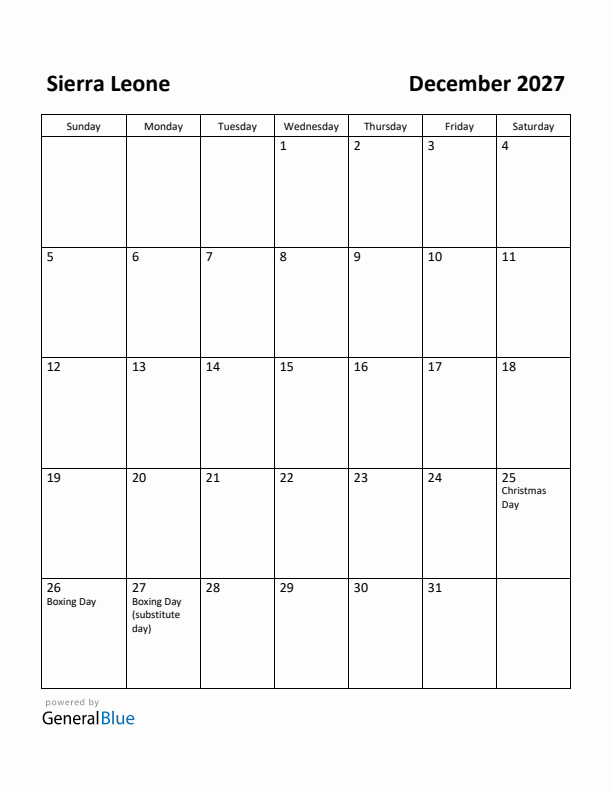 December 2027 Calendar with Sierra Leone Holidays