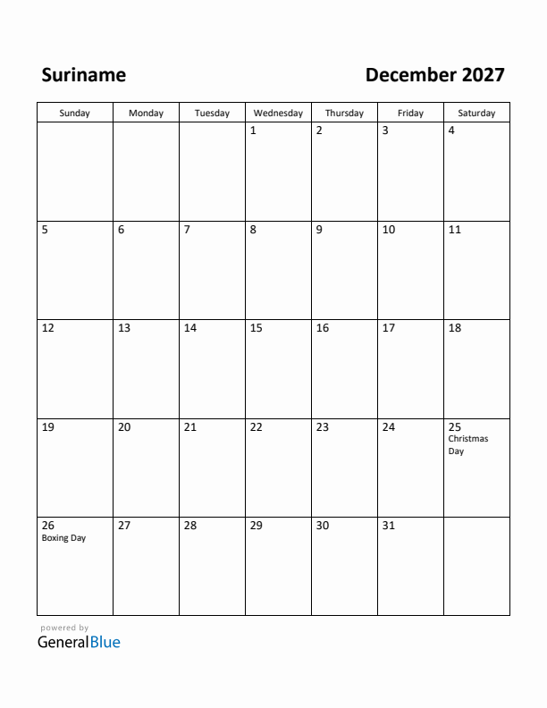 December 2027 Calendar with Suriname Holidays