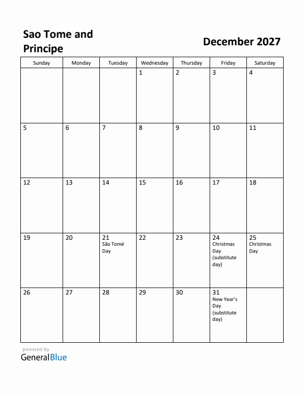 December 2027 Calendar with Sao Tome and Principe Holidays