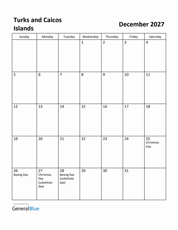 December 2027 Calendar with Turks and Caicos Islands Holidays